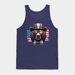 Bear Uncle Sam Hat Sunglasses American Flag 4th of July Tank Top